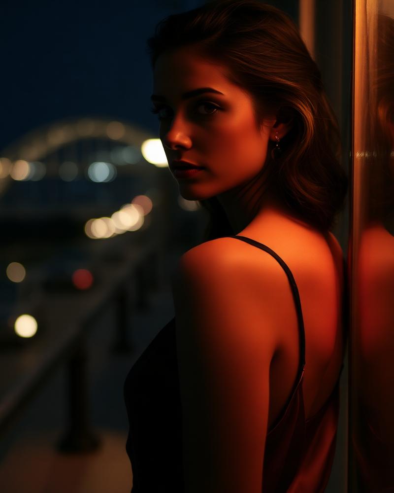 Retrato editorial de uma mulher em vestido de seda, iluminação chiaroscuro